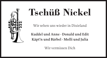 Traueranzeige von Tschüß Nickel von Holsteinischer Courier
