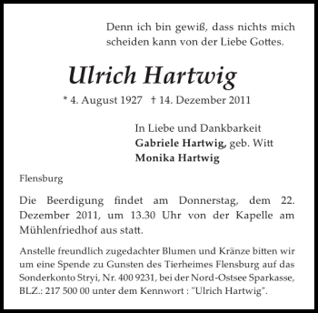 Traueranzeige von Ulrich Hartwig von Flensburger Tageblatt