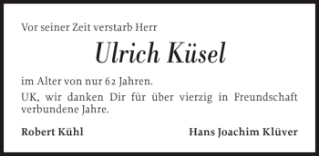 Traueranzeige von Ulrich Küsel von Flensburger Tageblatt