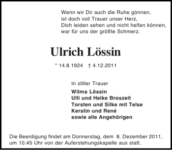 Traueranzeige von Ulrich Lössin von Holsteinischer Courier