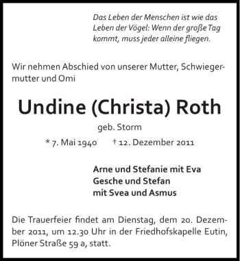 Traueranzeige von Undine Christa Roth von Ostholsteiner Anzeiger