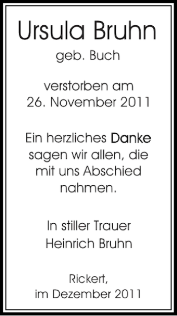 Traueranzeige von Ursula Bruhn von Landeszeitung