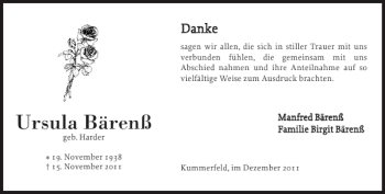 Traueranzeige von Ursula Bärenß von Pinneberger Tageblatt