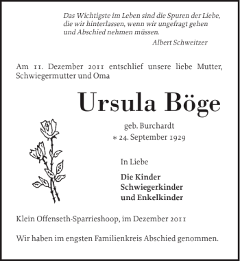 Traueranzeige von Ursula Böge von Elmshorner Nachrichten
