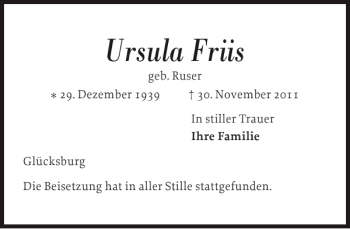 Traueranzeige von Ursula Friis von Flensburger Tageblatt