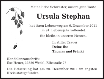 Traueranzeige von Ursula Stephan von Pinneberger Tageblatt