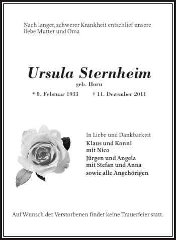 Traueranzeige von Ursula Sternheim von Holsteinischer Courier