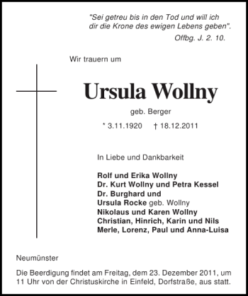 Traueranzeige von Ursula Wollny von Holsteinischer Courier
