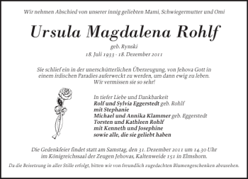 Traueranzeige von Ursula Magdalena Rohlf von Elmshorner Nachrichten