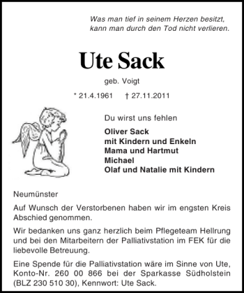 Traueranzeige von Ute Sack von Holsteinischer Courier