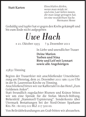 Traueranzeige von Uwe Hach von Husumer Nachrichten