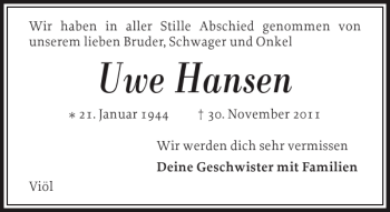 Traueranzeige von Uwe Hansen von Husumer Nachrichten