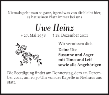 Traueranzeige von Uwe Heinz von Flensburger Tageblatt