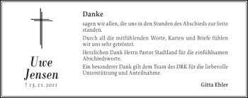 Traueranzeige von Uwe Jensen von Flensburger Tageblatt