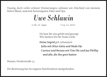 Traueranzeige von Uwe Schlawin von Husumer Nachrichten