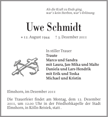 Traueranzeige von Uwe Schmidt von Elmshorner Nachrichten