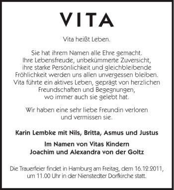 Traueranzeige von V I TA von Eckernförder Zeitung