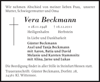 Traueranzeige von Vera Beckmann von Eckernförder Zeitung