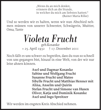 Traueranzeige von Violeta Frucht von Husumer Nachrichten