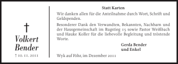 Traueranzeige von Volkert Bender von Der Insel-Bote