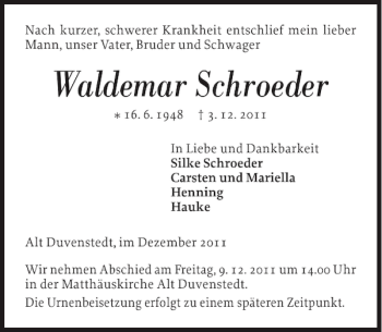 Traueranzeige von Waldemar Schroeder von Eckernförder Zeitung