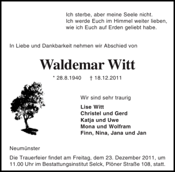 Traueranzeige von Waldemar Witt von Holsteinischer Courier