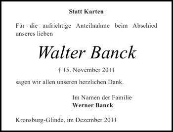 Traueranzeige von Walter Banck von Landeszeitung