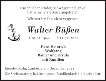 Traueranzeige von Walter Büßen von Eckernförder Zeitung
