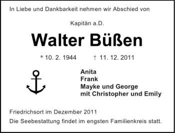 Traueranzeige von Walter Büßen von Eckernförder Zeitung