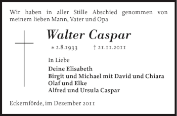 Traueranzeige von Walter Caspar von Eckernförder Zeitung