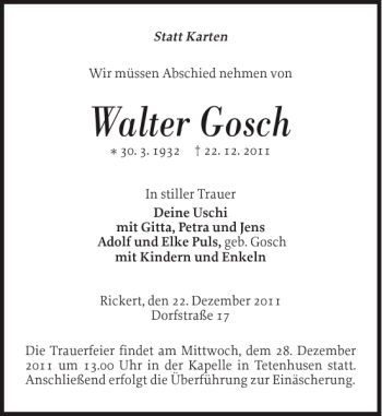 Traueranzeige von Walter Gosch von Landeszeitung