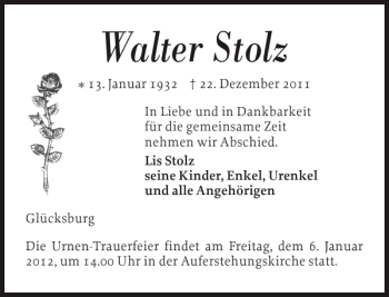 Traueranzeige von Walter Stolz von Flensburger Tageblatt