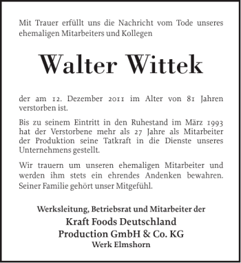 Traueranzeige von Walter Wittek von Elmshorner Nachrichten