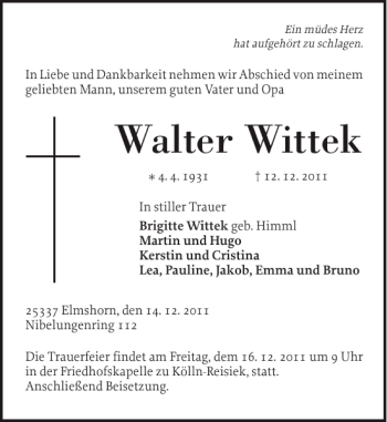 Traueranzeige von Walter Wittek von Elmshorner Nachrichten