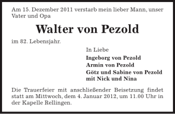 Traueranzeige von Walter von Pezold von Pinneberger Tageblatt
