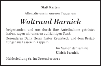 Traueranzeige von Waltraud Barnick von Schlei-Bote