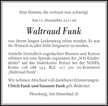 Traueranzeige von Waltraud Funk von Flensburger Tageblatt