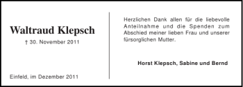Traueranzeige von Waltraud Klepsch von Holsteinischer Courier