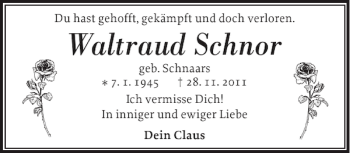Traueranzeige von Waltraud Schnor von Landeszeitung