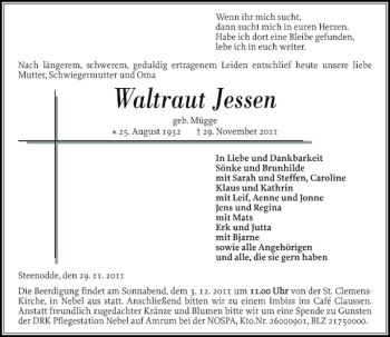 Traueranzeige von Waltraut Jessen von Der Insel-Bote