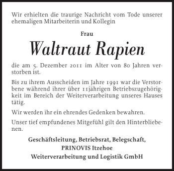 Traueranzeige von Waltraut Rapien von Norddeutsche Rundschau
