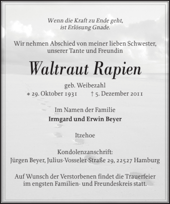 Traueranzeige von Waltraut Rapien von Norddeutsche Rundschau