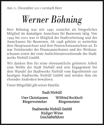 Traueranzeige von Werner Böhning von Nordfriesland Tageblatt