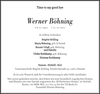 Traueranzeige von Werner Böhning von Husumer Nachrichten
