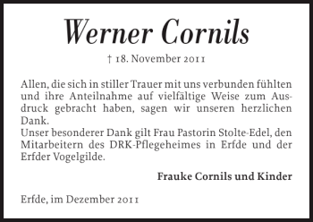 Traueranzeige von Werner Cornils von Landeszeitung
