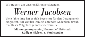Traueranzeige von Werner Jacobsen von Husumer Nachrichten