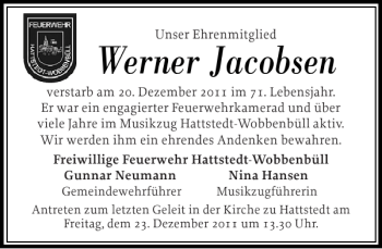 Traueranzeige von Werner Jacobsen von Husumer Nachrichten