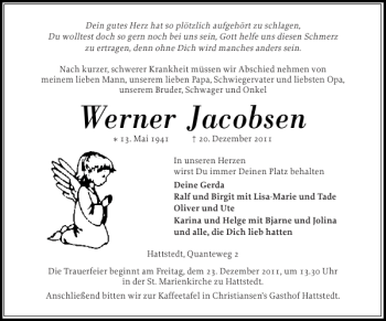 Traueranzeige von Werner Jacobsen von Husumer Nachrichten