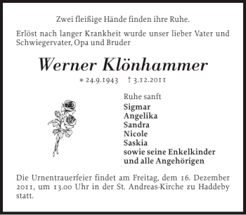 Traueranzeige von Werner Klönhammer von Schleswiger Nachrichten