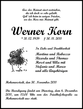 Traueranzeige von Werner Korn von Landeszeitung